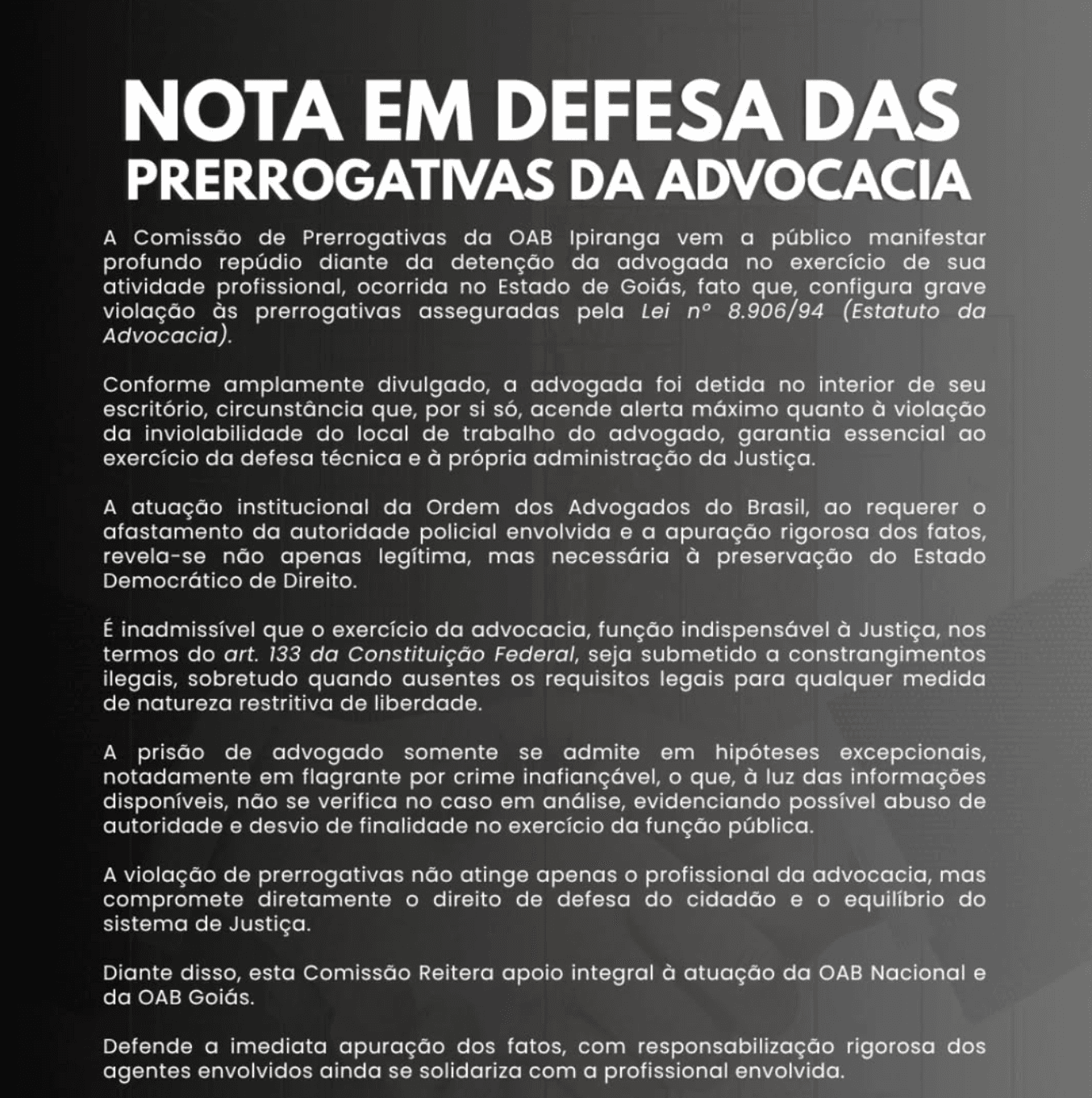 Nota em defesa das prerrogativas da advocacia