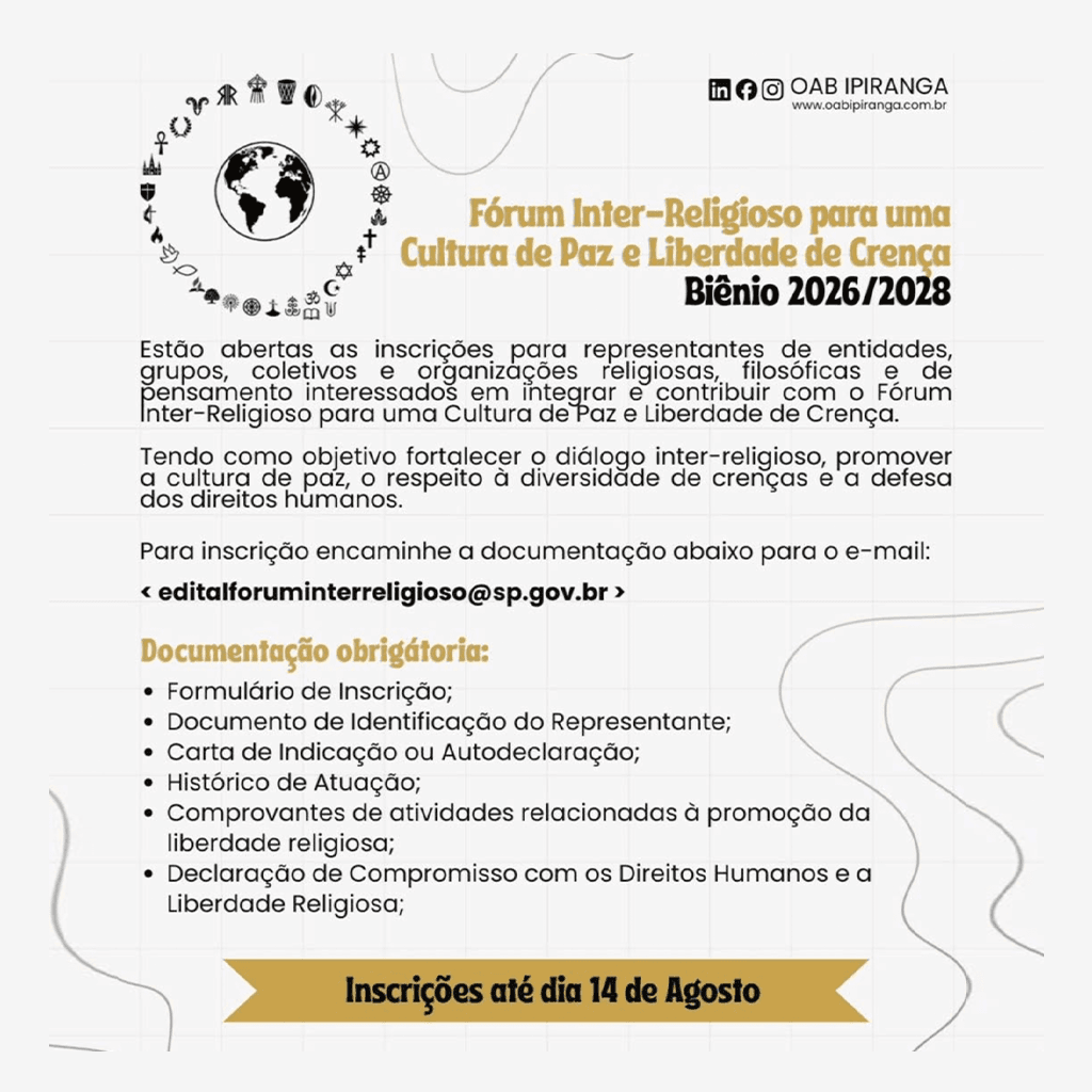 🌍🕊️ INSCRIÇÕES ABERTAS | Fórum Inter-Religioso para uma Cultura de Paz e Liberdade de Crença – Biênio 2026/2028
