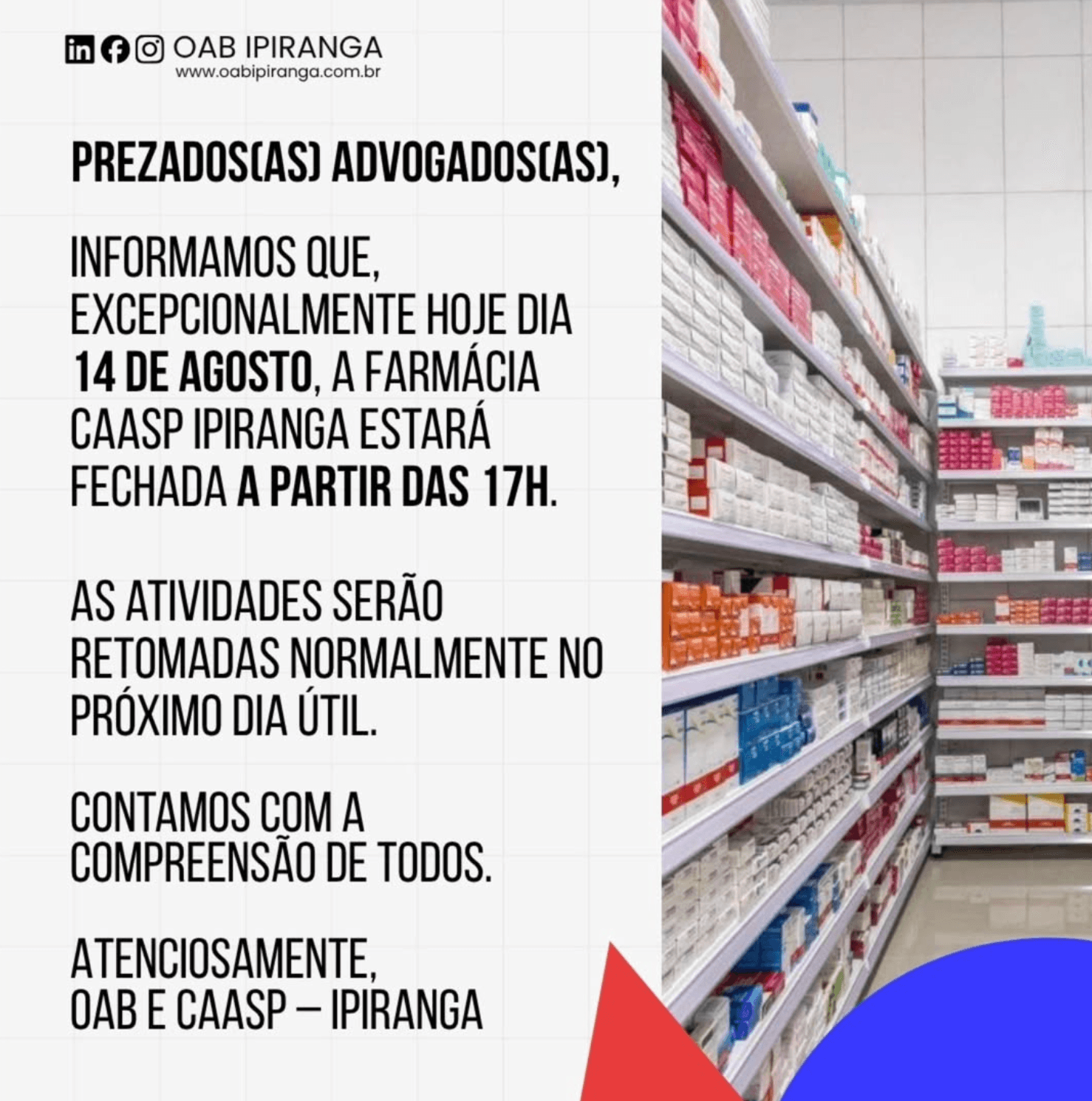 ⚠️ COMUNICADO | Farmácia CAASP Ipiranga