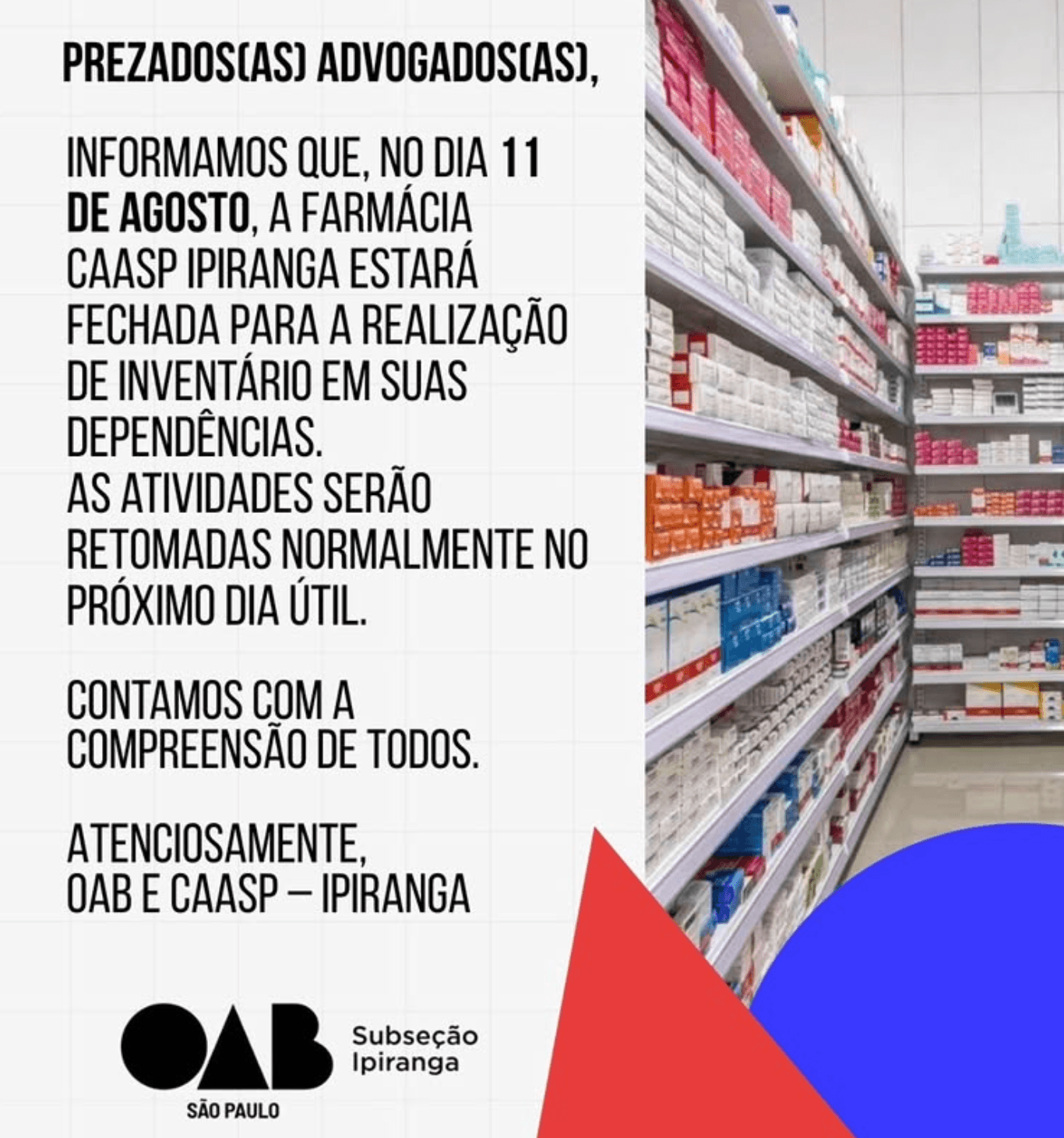 Comunicado Importante | Farmácia CAASP Ipiranga